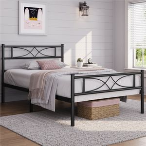 Yaheetech Metallbett Bettgestell 90 x 200 cm, Bettrahmen mit Flügelmuster Kopfteil, Schwarz