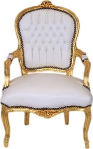 Barockstuhl Barock Stuhl Salon Salonstuhl Armlehne Weiß Gold Kunstleder Esszimmer Wohnzimmer Klassisch Premium Luxus Modern Retro Kamin Elegant