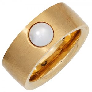JOBO Damen Ring Edelstahl 1 Süßwasser Perle goldfarbene PVD-Beschichtung Größe 50