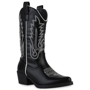 VAN HILL Damen Stiefel Cowboystiefel Stickereien Boots Spitze Schuhe 839883, Farbe: Schwarz Weiß, Größe: 41