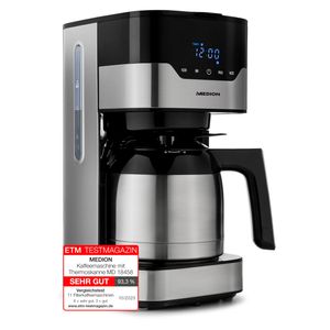 MEDION Kaffeemaschine mit Thermoskanne und Timer (Filtermaschine, 8 Tassen, 1,2 Liter, 900 Watt, 3 Stufen, Warmhaltefunktion, Timer Zeitschaltuhr, Antitropf, Display, MD18458) edelstahl