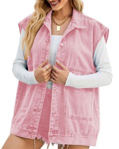 ASKSA Dámská džínová vesta bez rukávů, ležérní elegantní džínová bunda s kapsami, A Pink, L