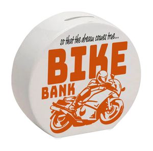 Bike Bank Spardose in orange zum Thema Motorradkauf und Motorrad fahren