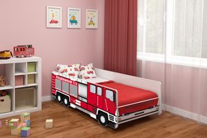 ACMA Jugendbett Kinderbett Auto-Bett Junior Feuerwehr Bett Komplett-Set mit Matratze Lattenrost und Rausfallschutz 140x70