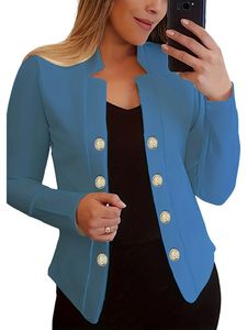 Damen Blazer Anzug Kragen Strickjacke Jacke Casual Slim Fit Langarm Outwear Mantel Blau-zweireihig,Größe XL