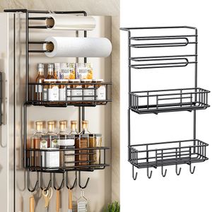 Kühlschrank Regal,Gewürzregal ohne Bohren, Hängeregal mit 5 Haken, 3-stufiger Hängendes Küchenregal(Schwarz)