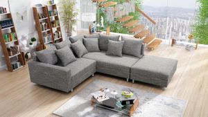 Modernes Sofa Couch Ecksofa Eckcouch in Gewebestoff hellgrau mit Hocker Minsk R