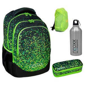 NEOXX Fly Schulrucksack Pixel 4tlg. Set mit Schlamper, Alu-Flasche und Regenschutz