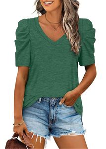ASKSA Damen T-Shirt Sommer V-Ausschnitt Bluse Lässige Tunika Tops Puffärmel Shirts Einfarbig Oberteil , Grün, XXL