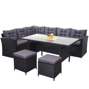 Poly ratanová súprava HWC-A29, záhradná súprava sedacia skupina obývacia izba jedálenský stôl, čierna ~ vankúše tmavosivá, s 2x stoličkami