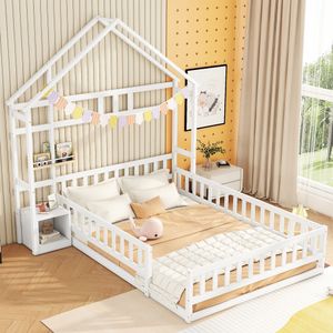 Merax Kinderbett 140x200cm mit Rausfallschutz, Nachttisch und Lattenrost, Bodenbett Massivholzbett Einzel- und Doppelbett Hausbett, Weiß