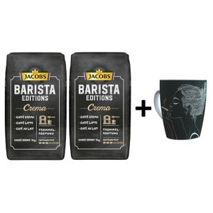 JACOBS Kaffeebohnen Barista Editions Crema 2 x 1 kg Packung geröstete Bohnen + 1 Jacobs Barista-Becher