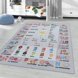 Kurzflor Teppich Alphabet und Zahlen für Kinderzimmer Bunt Kinderteppich , Farbe:Grau, Grösse:160x230 cm