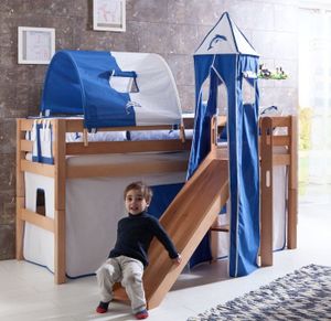 Hochbett ELIYAS Kinderbett mit Rutsche Spielbett Bett Natur Stoffset Weiß/Delfin, Matratze:mit