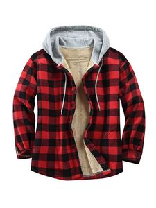 Plaid Langarm Reißverschluss Taschen Mantel Gefütterte Herren Outdoor Strickjacken, Farbe: rot schwarz, Größe: 2xl
