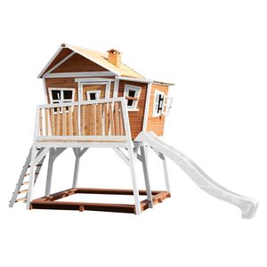AXI Spielhaus Max mit Sandkasten & weißer Rutsche | Stelzenhaus in Braun & Weiß aus  Holz für Kinder | Spielturm mit Wellenrutsche für den Garten