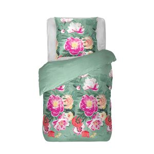 Bettwäsche 2-tlg. ( Frühjahrsblumen Grün ) 100% Satin Baumwolle, 135x200cm und 80x80cm Set, kuschelig weicher Bettbezug - mit Reißverschluss