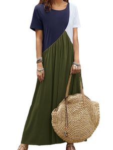 Damen y Kurzarm Langes Kleid Street Loose Maxikleider mit Rundhalsausschnitt,Farbe: Armeegrün,Größe:L