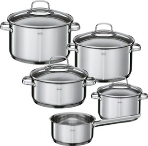 RÖSLE ELEGANCE Topf-Set 5-tlg.,  Edelstahl 18/10, mit Glasdeckel und Innenskalierung, spülmaschinen- und induktionsgeeignet