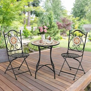 COSTWAY Runder Mosaiktisch mit 2er Klappstuhl Metallgestell Gartenmöbel Set für Garten Terrasse & Wohnzimmer