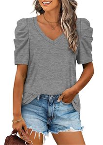 ASKSA Damen T-Shirt Sommer V-Ausschnitt Bluse Lässige Tunika Tops Puffärmel Shirts Einfarbig Oberteil , Grau, XXL