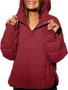 ASKSA Damen Pufferjacke Stepppullover Gesteppt Kapuzenpullover Langarm Jacke Leichte Warme Wintermaentel, Weinrot, M