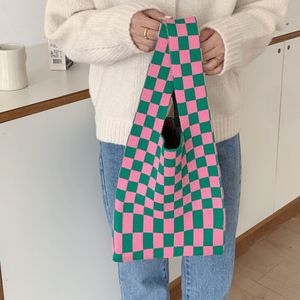 Umhängetaschen, Checkerboard Stricktasche, Damen Mode Tragetasche, Karomuster Einkaufstasche, Achseltasche Schultertaschen (Rosa Grün)