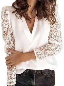 Plus Size Damen V-Ausschnitt Solid Shirts Tops Damen Spitze Langarm Casual Bluse,Farbe:Weiß,Größe:3XL