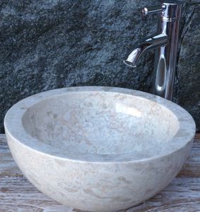 Massives Rundes Marmor Aufsatz-Waschbecken, Waschschale, Naturstein Handwaschbecken - Ø 35 cm Modell 17, Grau, Waschtische & Waschbecken