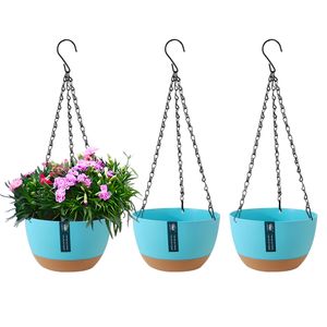 3er Pack Hängende Blumentöpfe mit abnehmbarem Tablett, Selbst Absorbierende Hängepflanze Blumentopf Korb Außen Innen Blumenampel Garten Balkon Deko, blau, 21cm