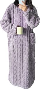 Damen Winternachthemd Dicker Korallenfleece mit Taschen Rundhalsausschnitt Homewear Robe Lose Langarm Warm halten Ganzkörper-Nachtwäsche