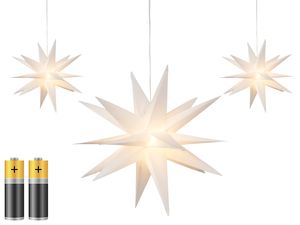 3er Pack 3D Leuchtstern - Weihnachtsstern / warm-weiß beleuchtet / für Innen und Außen geeignet / hängend / 100cm Zuleitung / ca. Ø 25 cm / batteriebetrieben (weiß)