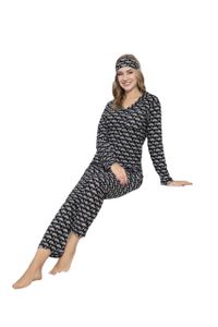 Damen Pyjama Set Langarm Schlafanzug Nachtwäsche 2-Teiler Schwarz,Baumwolle 4630-M