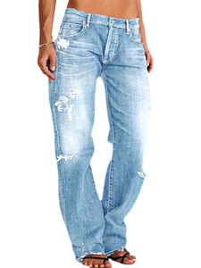 Damen Jeans Mid Waist Denim Hosen Bottoms Baggy Teenager Jeanshose Wide Leg Streetwear Hellblau (zerrissen),Größe XL