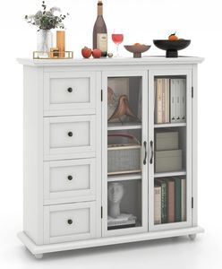 KOMFOTTEU Küchenschrank mit 4 Schubladen & Glastüren, Buffetschrank Holz Kücheneinsel mit verstellbaren Regalen, 91,5x30x94,5 cm, Weiß