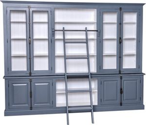 Casa Padrino Landhausstil Bücherschrank mit Leiter Blau / Weiß 300 x 50 x H. 230 cm - Landhausstil Möbel