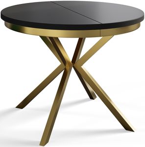 Okrúhly jedálenský stôl BERG, rozkladací stôl s priemerom 120 cm/200 cm, farba obývačkového stola: čierna, s kovovými nohami v zlatej farbe