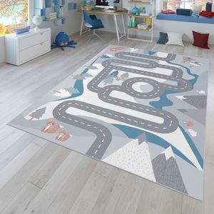 Kinder-Teppich, Spiel-Teppich Für Kinderzimmer Straßen-Motiv Mit Tieren Creme Größe 140x200 cm