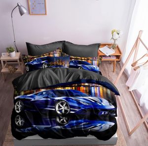 3D Bettwäsche Blauer Sportwagen Bettbezug 135x200 + 80x80 cm Auto Wendebettwäsche Blau Schwarz Grau mit Reißveschluss