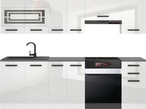 Belini Küchenzeile Küchenblock Lily - Küchenmöbel 240 cm Einbauküche Vollausstattung ohne Elektrogeräten mit Hängeschränke und Unterschränke, ohne Arbeitsplatten, Weiß Hochglanz