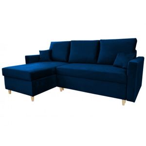 Ecksofa MON, Eckcouch in L-Form mit Schlaffunktion und Bettkasten, Farbe: Blau, Veloursstoff, Ottomane Links oder Rechts