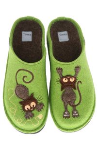 TOFEE Damen Hausschuhe Pantoffeln Pantoletten Slipper Naturwollfilz (Katzen) grün, Größe:40, Farbe:Grün