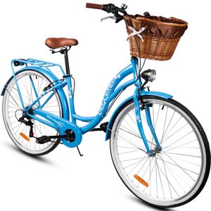 Maltrack mestský bicykel Dreamer s hnedým košíkom, 6 rýchlostí, 28 palcov, zadné svetlá, nosič batožiny, zvonček, mestský bicykel dámsky, modrý