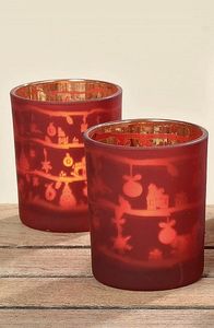 Windlicht Teelicht Glas lackiert rot mit  Weihnachtsmotiven H 8 cm 2er Set
