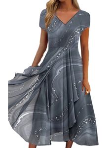 Damen Abendkleider Glänzend Ballkleid Langes Kleid Sommer Bohemian V-Ausschnitt Kleider Steinmuster grau,Größe Xl