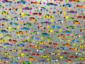 Geschenkpapier mit Auto Sport Motiv 70cm x 2m Rolle silber / bunt