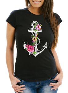 Damen T-Shirt Blumen Anker Flower Anchor Watercolor Slim Fit Neverless® schwarz XL