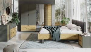 Schlafzimmer Komplett Set 4-teilig mit Bettgestell 160x200 cm modern in grau mit Eiche RAGUSA-166