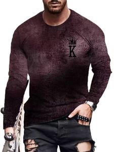 Männer Casual Poker K Farbverlauf T-Shirt Langarm Rundhalsausschnitt Lose Pullover Tops,Farbe: Weinrot,Größe:XXL