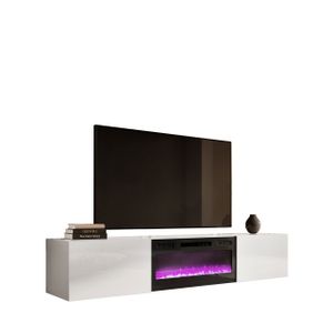 Mirjan24 TV-Lowboard Slide 200 mit Elektrischem Kamin, Stilvoll TV Schrank, TV Tisch, LED-Flamme (Farbe: Weiß Matt / Weiß Hochglanz)